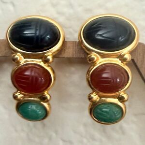 Vintage Weingeroff W Carved Scarab Stone Clip Earrings Onyx Carnelian Jade